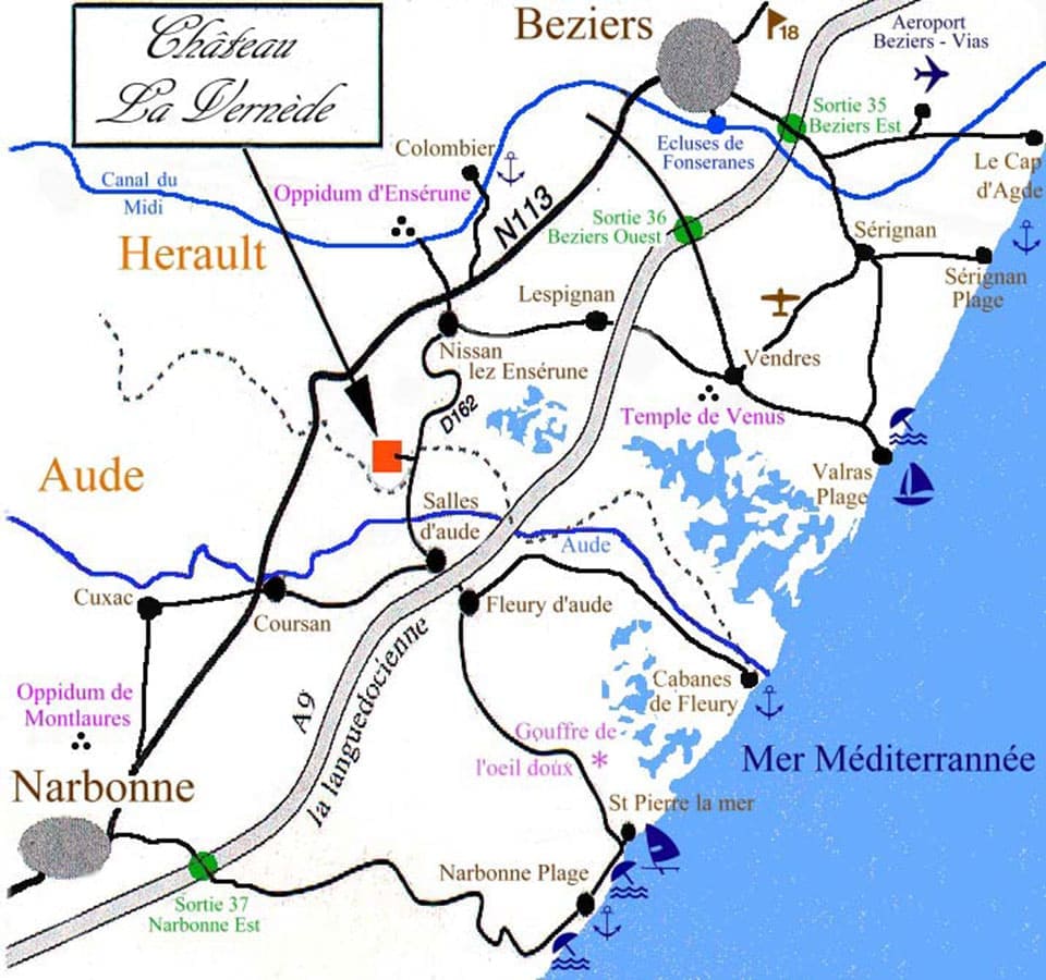 Mapa de acceso a la Finca  de la Vernède, alquiler de casas rurales entre Béziers y Narbona (Narbonne)